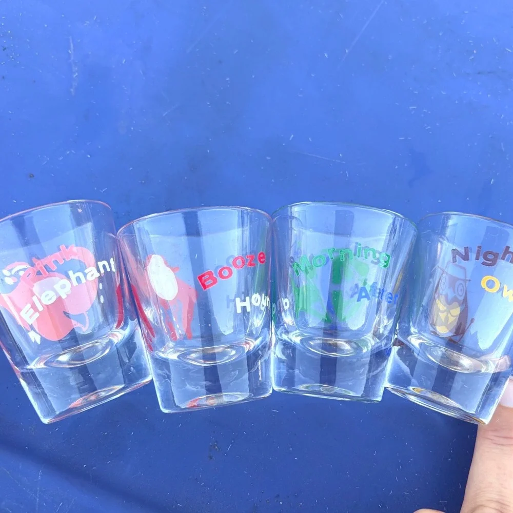 Vintage Style Novelty Shot Glass Set of 4 Pink Elephant Booze Hound Night Owl